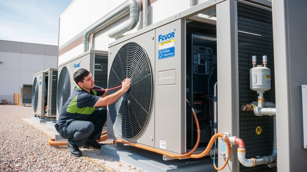 Technician performing maintenance on large-scale commercial heat pump system, careful attention to detail while checking refrigerant lines, outdoor installation setting with clear weather, professional efficiency-focused environment