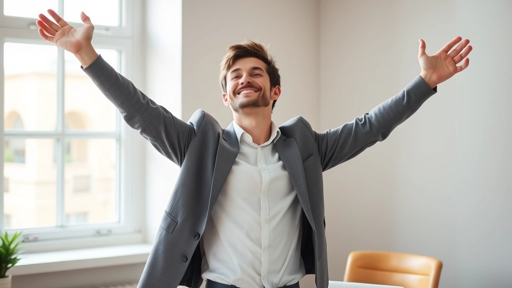 Person taking a break from work, standing and stretching near desk with arms extended upward, natural window light, relaxed posture, professional casual clothing, bright energized expression, wooden desk and chair visible