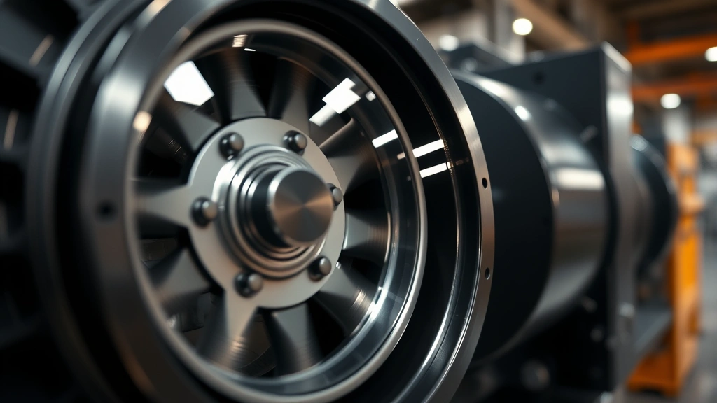 Close-up of variable-speed compressor technology in motion, showing internal mechanical precision, industrial manufacturing setting with professional lighting and depth of field