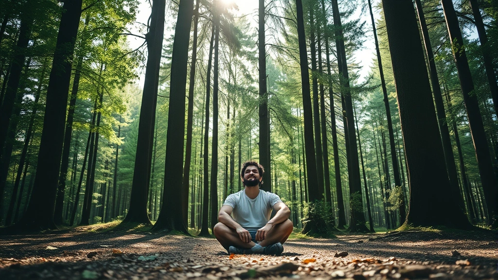 Person sitting peacefully on forest floor surrounded by tall trees, dappled sunlight filtering through leaves, serene natural environment with visible focus and calm expression