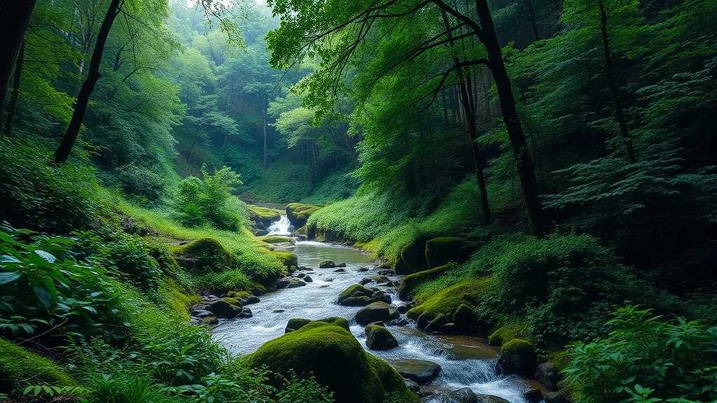 Lush green forest landscape with flowing stream, dense vegetation, natural light creating peaceful atmosphere, no people or text visible, photorealistic nature scene