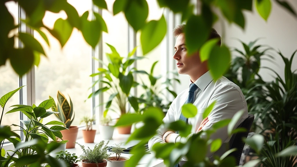 Professional in modern office with abundant potted plants near large windows, natural daylight streaming in, green leaves framing workspace, peaceful productive environment