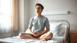 A person sitting peacefully on a hospital bed with soft natural light streaming through a window, eyes gently closed in meditation, hands resting calmly on lap, serene facial expression showing concentration and inner peace