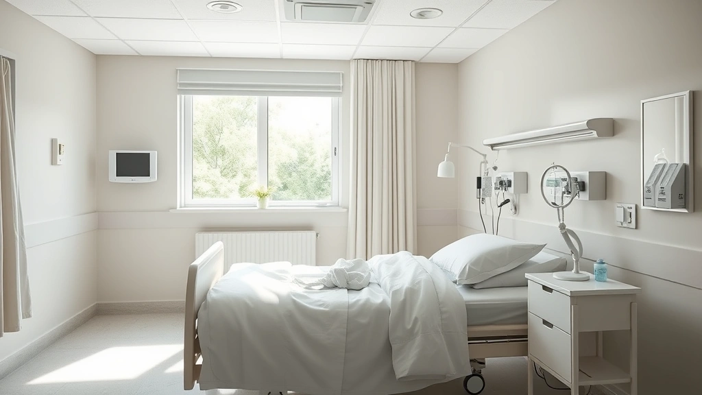 Peaceful hospital room interior with comfortable bed, soft lighting, and calming neutral tones, showing a window with natural light streaming in, photorealistic, no text