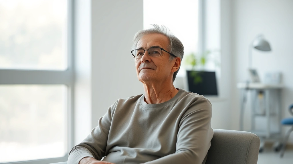 A person sitting peacefully in a bright, calm hospital room with soft natural light streaming through windows, showing visible mental clarity and composed expression, hands gently resting, serene indoor setting