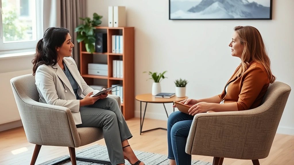 Professional therapist and patient in confidential one-on-one therapy session, sitting in comfortable chairs in a warm office, engaged conversation, photorealistic, no text