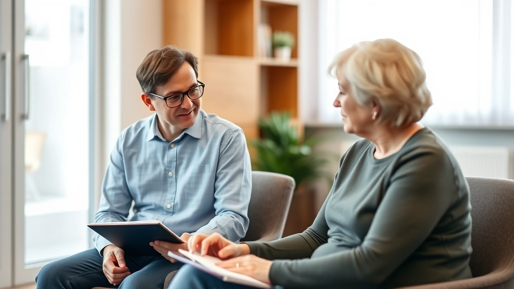 A patient engaged in focused cognitive therapy session with a therapist, both sitting attentively, notebook visible, genuine concentration and engagement on patient's face, modern clinical office environment