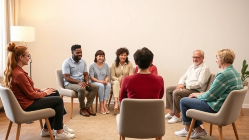 Group therapy session with diverse patients sitting in circle formation in comfortable setting, supportive atmosphere, inclusive environment, photorealistic, no text