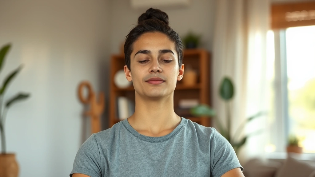 An individual practicing mindfulness meditation in a comfortable therapeutic space, sitting upright with calm demeanor, soft lighting, peaceful expression demonstrating restored mental clarity and focus
