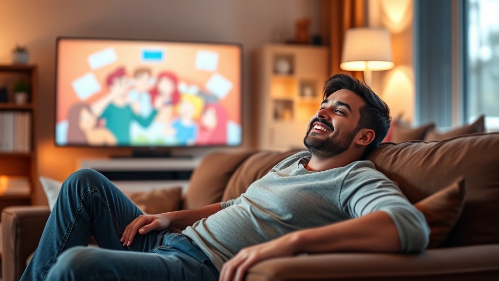 Person sitting peacefully on couch watching animated content, warm lighting, relaxed posture, comfortable home environment, genuine contentment expression