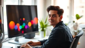 Person sitting at desk with peaceful expression, soft natural light from window, blurred animated colors on monitor reflecting on face, calm focused posture, plants in background, minimal desk setup