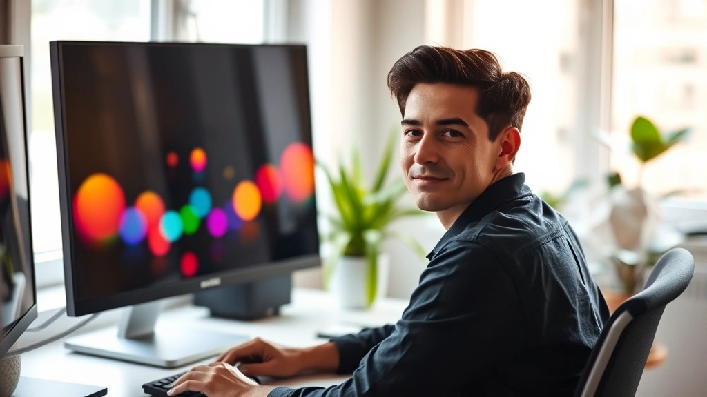 Person sitting at desk with peaceful expression, soft natural light from window, blurred animated colors on monitor reflecting on face, calm focused posture, plants in background, minimal desk setup