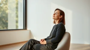 Person sitting peacefully in modern minimalist room with soft natural lighting, relaxed expression, hands resting gently, warm neutral tones, photorealistic, serene focused atmosphere