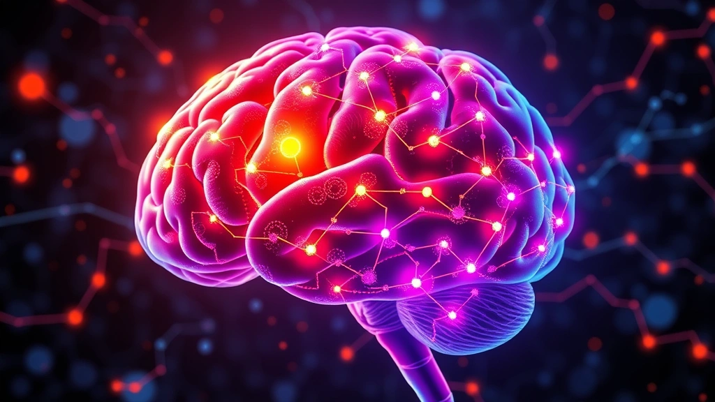 Brain illustration showing neural pathways lighting up during emotional processing, vibrant colors representing synaptic activation, focus on emotional centers