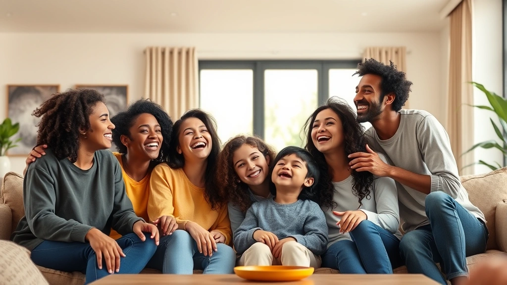 Group of diverse people laughing together while watching animation, inclusive representation, genuine joy and connection, modern living room setting
