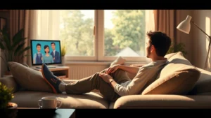 Person sitting peacefully on comfortable couch watching animated content on screen, surrounded by soft natural lighting from window, relaxed posture, coffee cup nearby, serene home environment, warm color palette, photorealistic