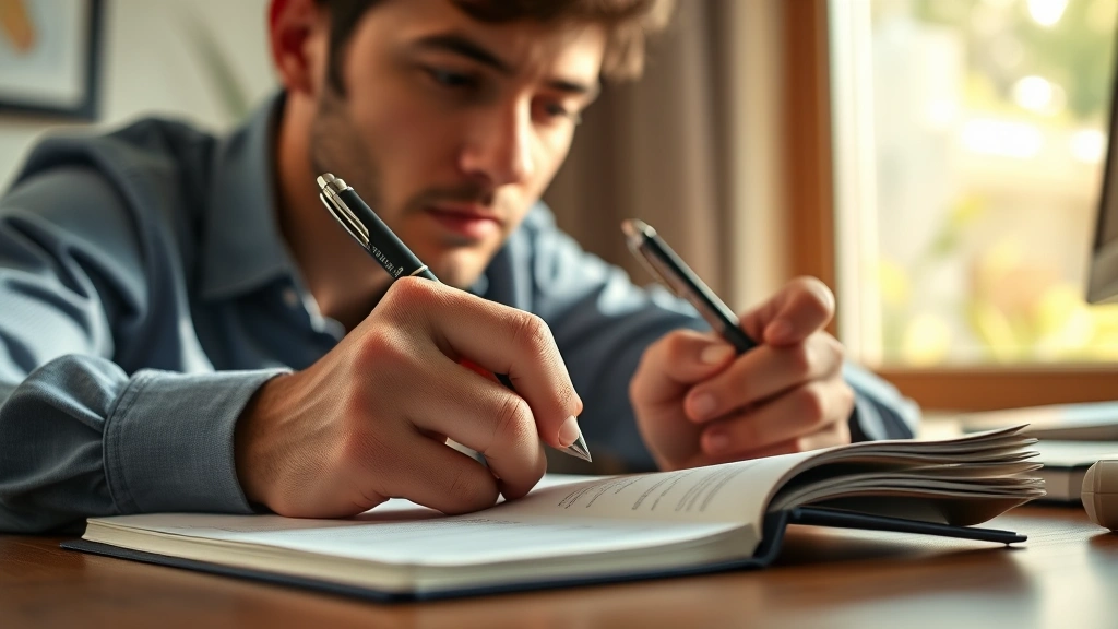 Close-up of focused individual taking notes while watching cartoon, notepad visible with pen in hand, concentration expression, natural desk setup, morning light streaming in, professional yet comfortable setting, photorealistic
