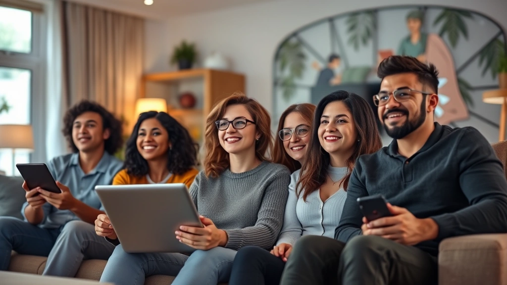Group of diverse people sitting together viewing animated content, engaged expressions, collaborative learning atmosphere, living room setting with comfortable seating, warm ambient lighting, genuine social interaction visible, photorealistic