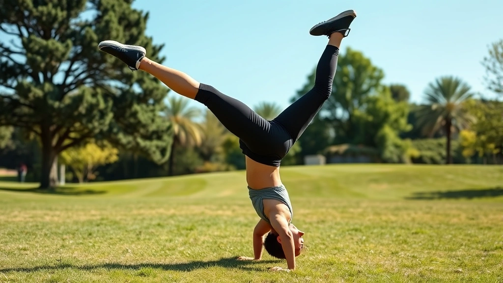 Athletic person performing a cartwheel outdoors in a park setting, body inverted mid-motion, clear sunny day, grass background, demonstrating dynamic balance and coordination