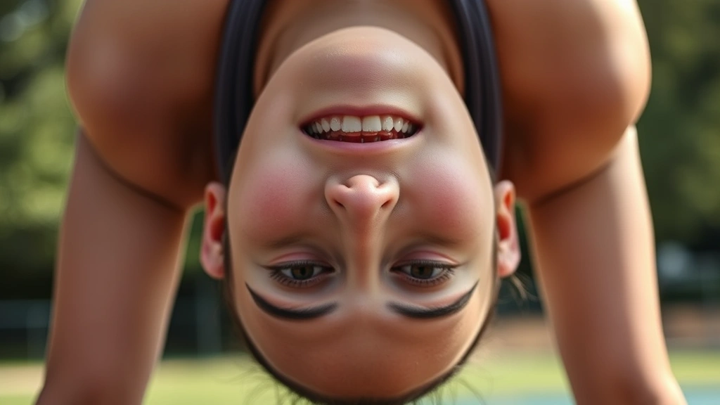 Close-up of someone's concentrated facial expression during a handstand or inversion pose, showing mental focus and engagement, natural lighting, outdoor setting