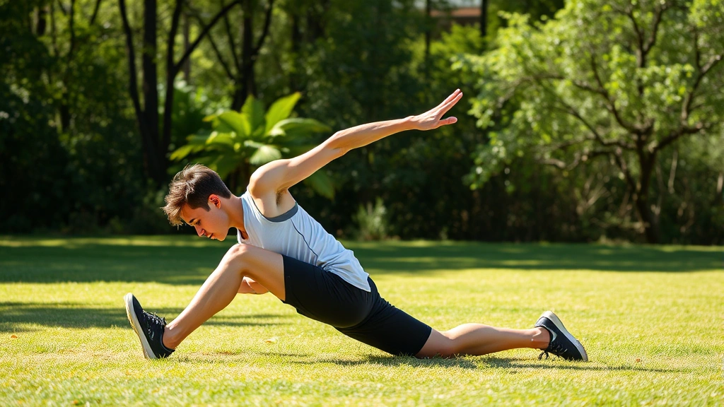 Person in motion doing a bilateral coordination exercise like cross-crawl or dynamic stretching, showing energy and physical engagement, bright natural environment, no equipment visible