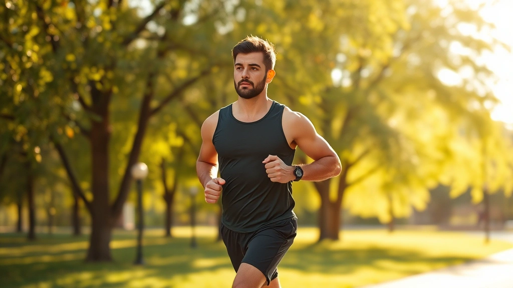 Individual jogging through park on sunny day, athletic build, focused determined expression, natural green surroundings with trees, golden hour lighting, motion suggesting vitality and energy