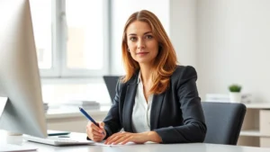 Professional woman in bright modern office, sitting calmly at desk with pen in hand, looking focused and composed, natural lighting from window, peaceful expression, clean workspace, no screens visible