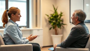 Professional therapist conducting cognitive behavioral therapy session with engaged patient in modern clinical office, warm lighting, showing active listening and compassionate care, photorealistic
