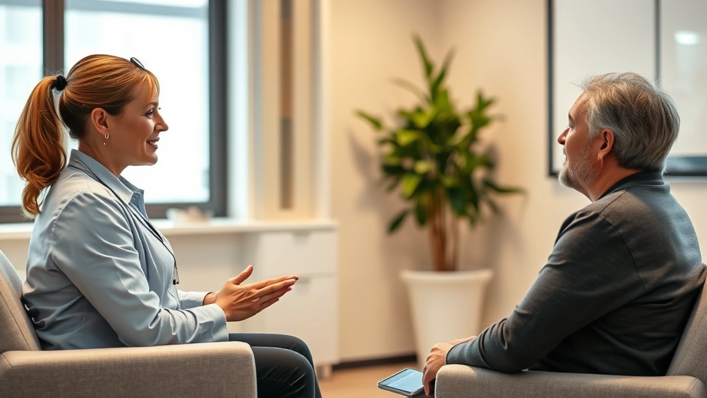 Professional therapist conducting cognitive behavioral therapy session with engaged patient in modern clinical office, warm lighting, showing active listening and compassionate care, photorealistic