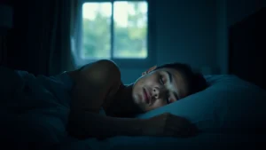 Person sleeping peacefully in a dark bedroom at night, natural light from window barely visible, fresh and rested appearance