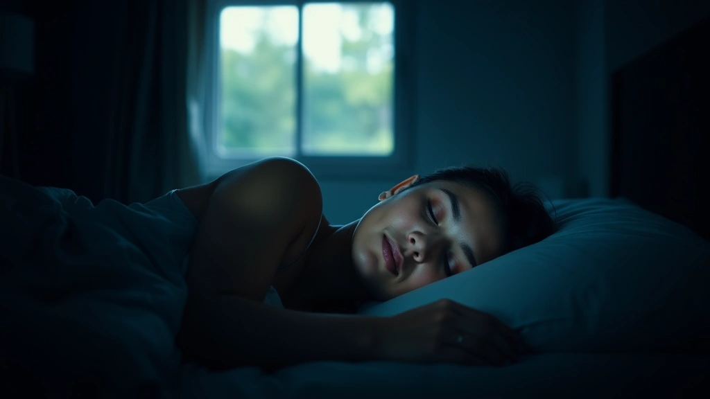 Person sleeping peacefully in a dark bedroom at night, natural light from window barely visible, fresh and rested appearance