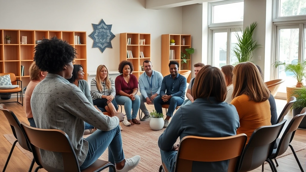 Diverse mental health support group meeting in community center with participants sitting in circle, genuine connection and engagement, supportive environment, photorealistic