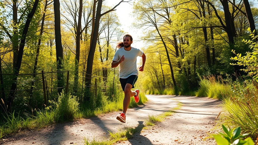 Individual running outdoors on a sunny trail surrounded by trees, energetic movement, focused expression, natural daylight