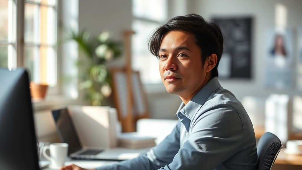 Person in professional setting sitting at desk with calm focused expression, natural lighting through windows, minimal desk items, serene workspace environment, no visible screens or text