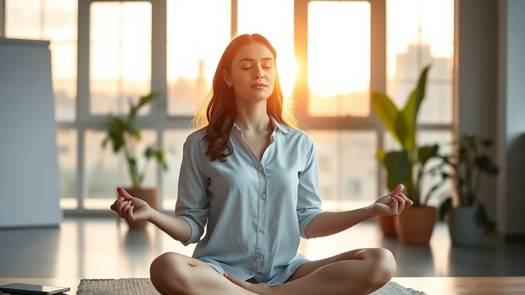 Professional woman meditating peacefully at sunrise in minimalist workspace, soft natural light streaming through large windows, calm focused expression, plants in background, serene concentration environment