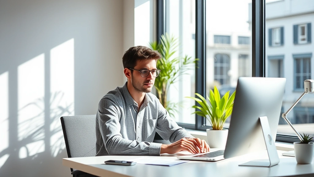 Person sitting at a modern desk by a large window with natural daylight, focused and calm expression, minimalist workspace, green plant visible, peaceful concentration, professional environment