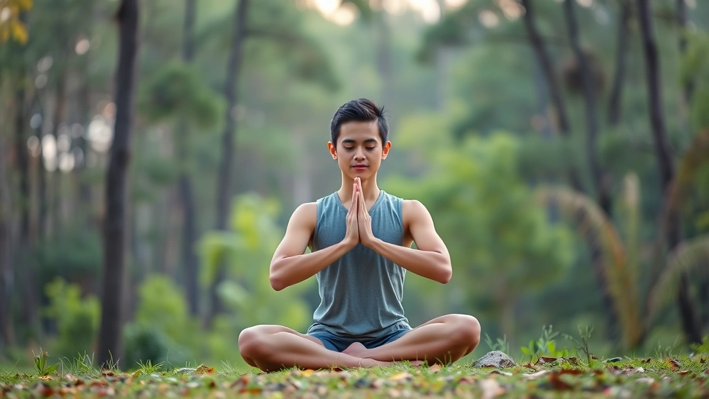 Individual practicing meditation outdoors in nature setting, peaceful body posture, soft natural lighting, forest or park background, tranquil atmosphere conveying mental clarity