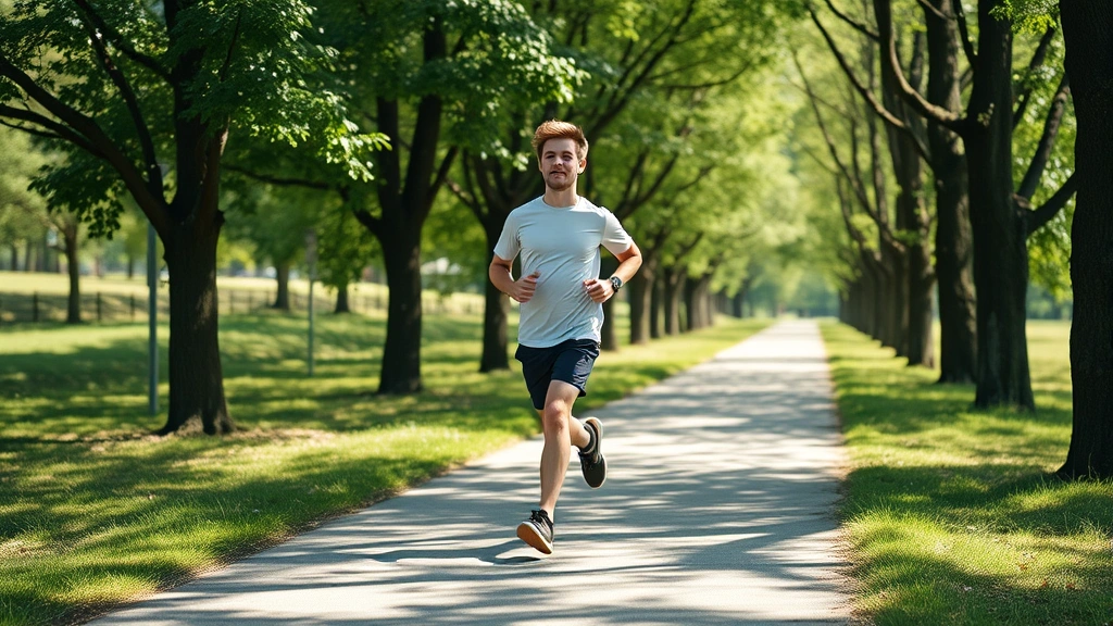 Young person jogging outdoors on tree-lined path, energetic movement, natural landscape, bright daylight, healthy physical activity for mental clarity and dopamine production