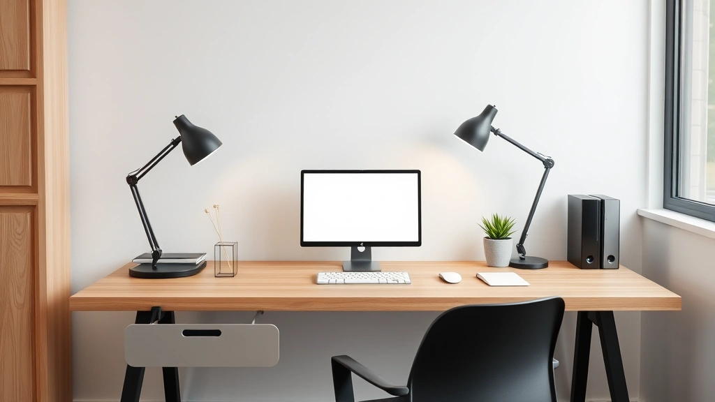 Organized minimalist desk workspace with single focused task, clean lines, natural wood, soft lighting, single plant, no distractions visible, calm professional concentration space