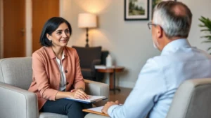A compassionate case manager sitting across from a client in a warm, professional office setting with soft lighting, both engaged in meaningful conversation, notepad visible, professional but welcoming atmosphere