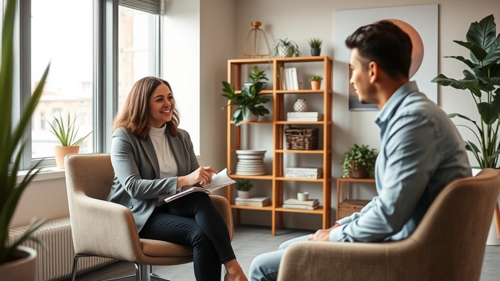 Professional diverse case manager in modern office having focused consultation with client, warm supportive environment with natural lighting, both sitting comfortably engaged in discussion