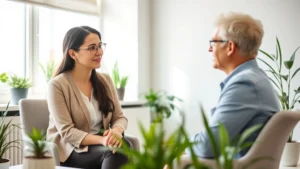Professional case manager meeting with client in calm, bright office space with plants, both looking engaged and focused, natural lighting from window, minimal distractions visible, warm and supportive atmosphere
