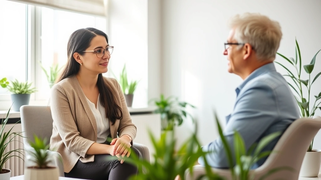 Professional case manager meeting with client in calm, bright office space with plants, both looking engaged and focused, natural lighting from window, minimal distractions visible, warm and supportive atmosphere