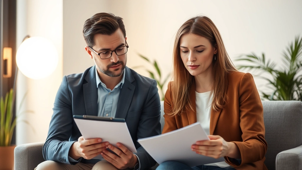 Professional case manager or counselor in calm office setting reviewing notes with attentive client, warm lighting, focused expressions, clipboard visible, plant in background, both looking engaged and calm