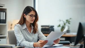 Professional case manager in office reviewing client files with focused concentration, organized desk with minimal distractions, soft natural lighting, calm professional environment, hands holding documents, thoughtful expression indicating deep concentration and care