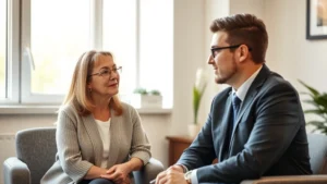Professional case manager meeting with client in calm, sunlit office, both looking focused and engaged, natural window light, warm neutral tones, client appears relieved and attentive
