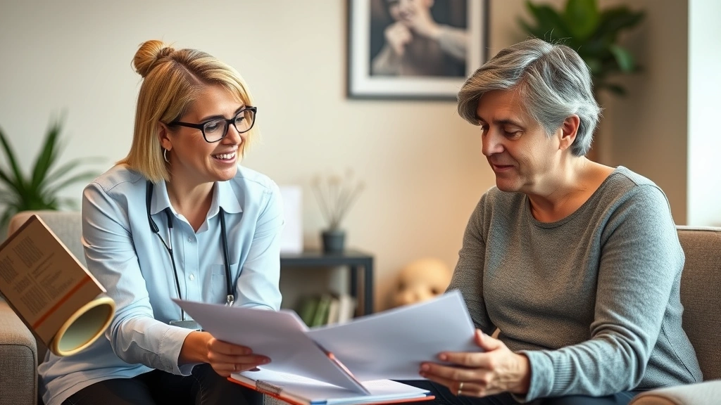 Professional case manager meeting with client in calm office environment, reviewing treatment plan documents together, warm lighting, focused expressions, notebook and pen visible