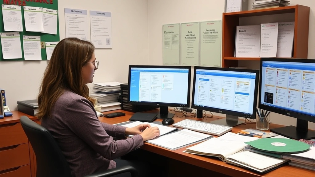 A case manager at a desk with multiple resource binders, community service materials, and computer screens showing care coordination systems, organized workspace demonstrating comprehensive service planning