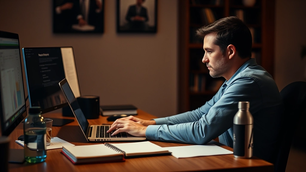 Person sitting at desk working on laptop with visible concentration, organized workspace with notebook and water bottle, calm indoor environment, warm lighting, showing sustained attention and productivity