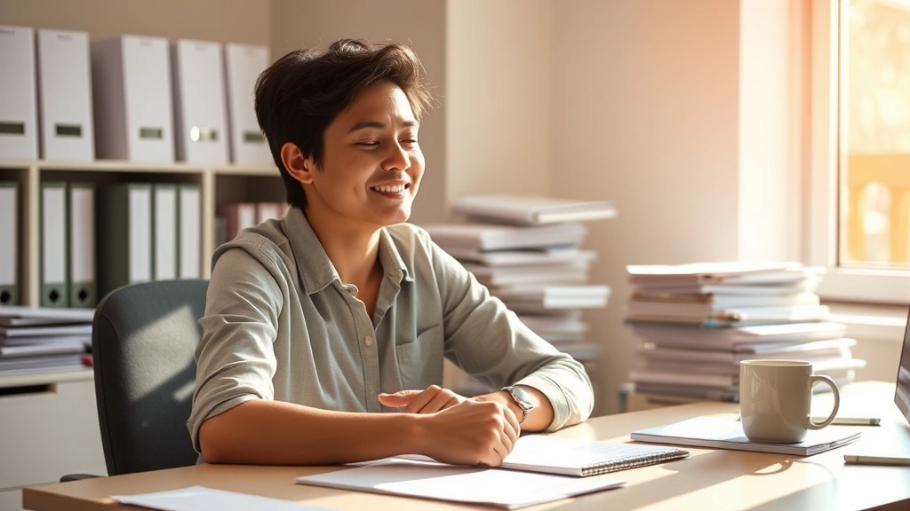 Person at desk with clear workspace, hands relaxed on desk, peaceful facial expression, morning sunlight streaming through window, organized papers neatly stacked, coffee cup nearby, serene office environment